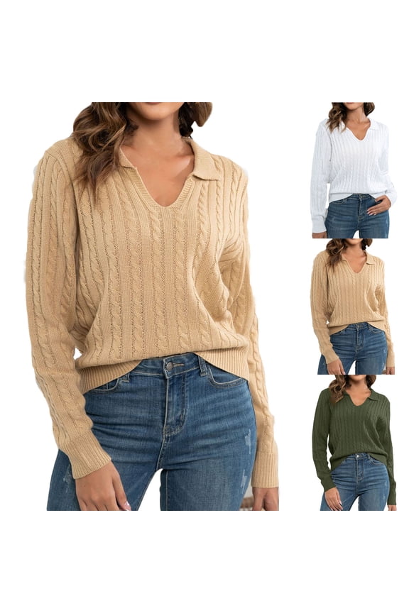 Women's Sweaters Acrylic V-Neck Ribbed Pullover Solid Color Lapel Casual Basic Everyday Relaxed Fit Tops Warm Fall Winter Clothes