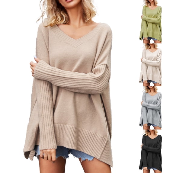 LOVZFMLL Women's Sweaters Acrylic V-Neck Ribbed Pullover Solid ColorOversized Casual Fashion Everyday Loose Tops Warm Fall Winter Clothes