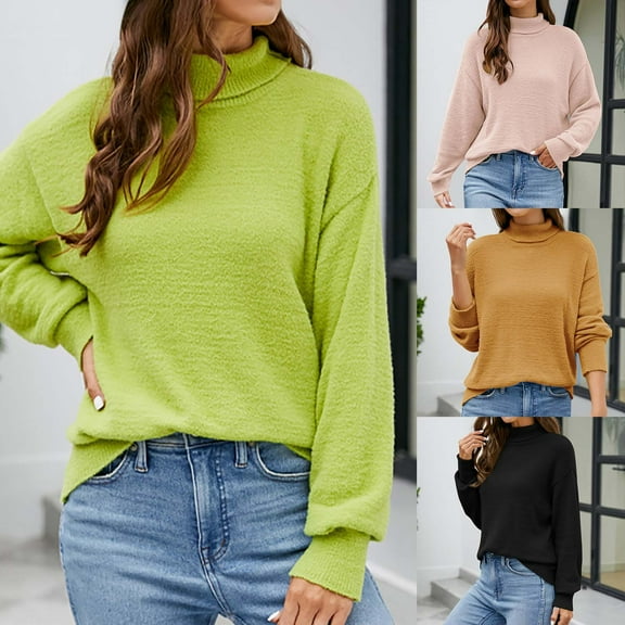 LOVZFMLL Women's Sweaters Crew Neck Ribbed Pullover Solid Color Basic Casual Everyday Loose Long Sleeve Tops Warm Fall Winter Clothes
