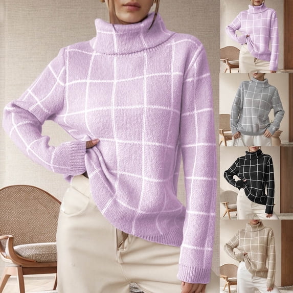 LOVZFMLL Women's Sweaters Turtleneck Ribbed Pullover Plaid Casual Fashion Relaxed Fit Long Sleeve Tops Warm Fall Winter Clothes
