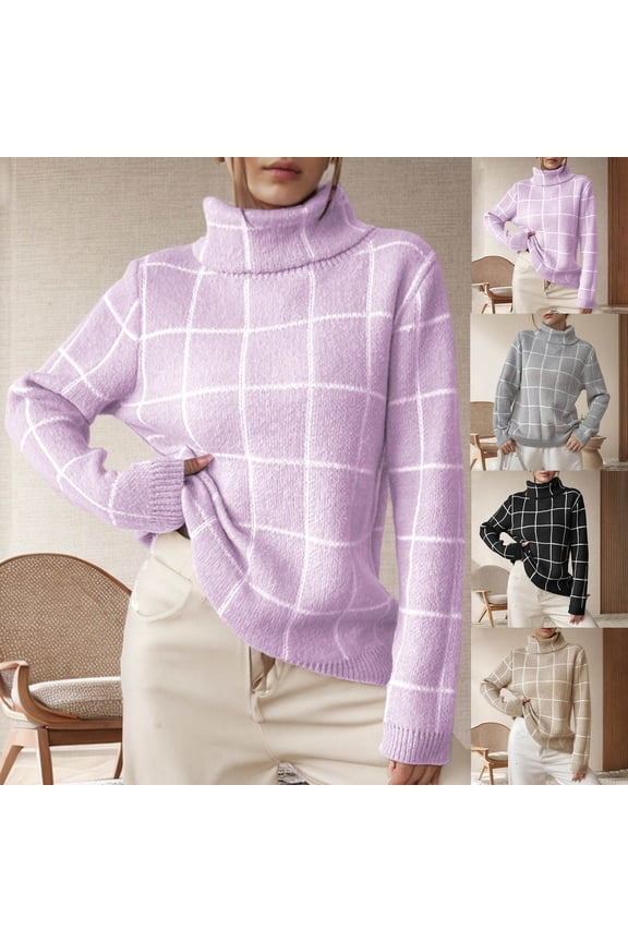 Women's Sweaters Turtleneck Ribbed Pullover Plaid Casual Fashion Relaxed Fit Long Sleeve Tops Warm Fall Winter Clothes