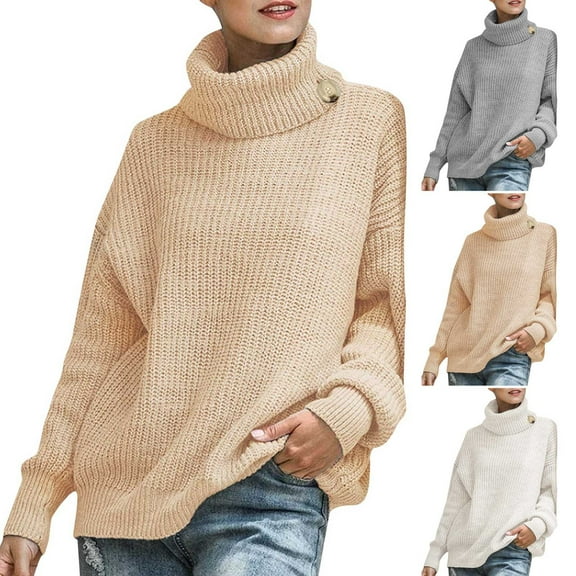 LOVZFMLL Women's Sweaters Turtleneck Ribbed Pullover Solid Color Fashion Casual Everyday Loose Tops Warm Fall Winter Clothes