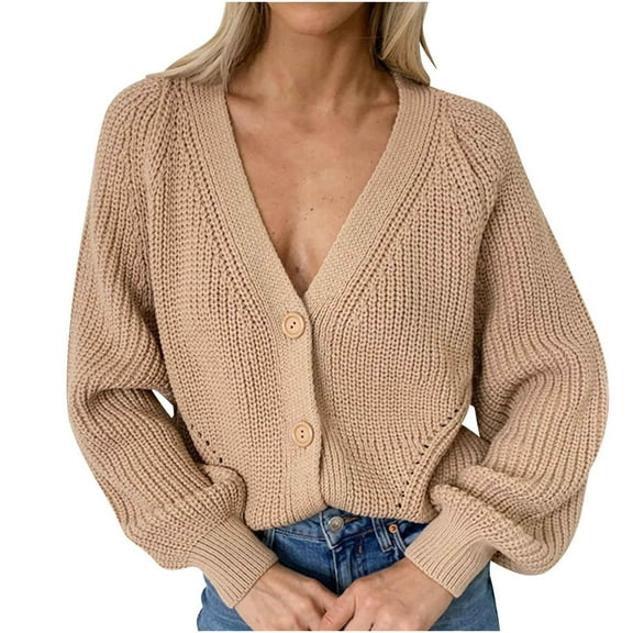 LOVZFMLL Women's Sweaters V-Neck Ribbed Cardigan Sweaters Solid Color Button Casual Loose Long Sleeve Tops Warm Fall Winter Clothes