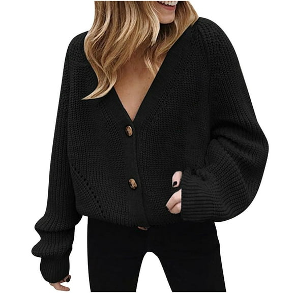 LOVZFMLL Women's Sweaters V-Neck Ribbed Cardigan Sweaters Solid Color Button Casual Loose Long Sleeve Tops Warm Fall Winter Clothes