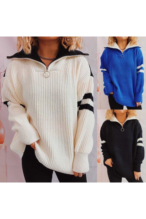 Women's Sweaters, V-Neck Ribbed Pullover Half-Zip Striped Fashion Casual Polo Loose Tops Warm Fall Winter Clothes