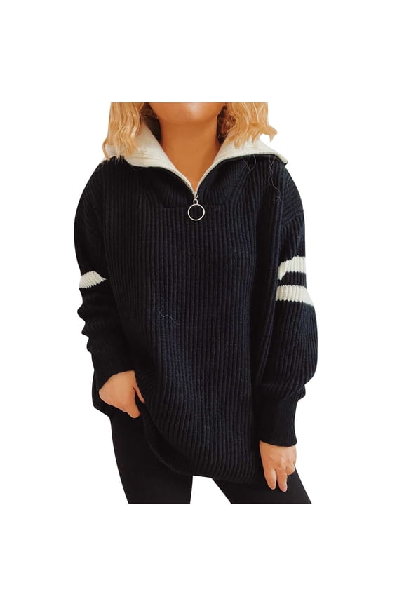 Women's Sweaters, V-Neck Ribbed Pullover Half-Zip Striped Fashion Casual Polo Loose Tops Warm Fall Winter Clothes