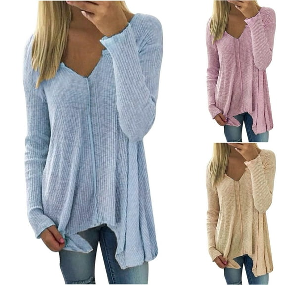 LOVZFMLL Women's Sweaters V-Neck Ribbed Pullover Solid Color Casual Basic Everyday Loose Long Sleeve Tops Warm Fall Winter Clothes