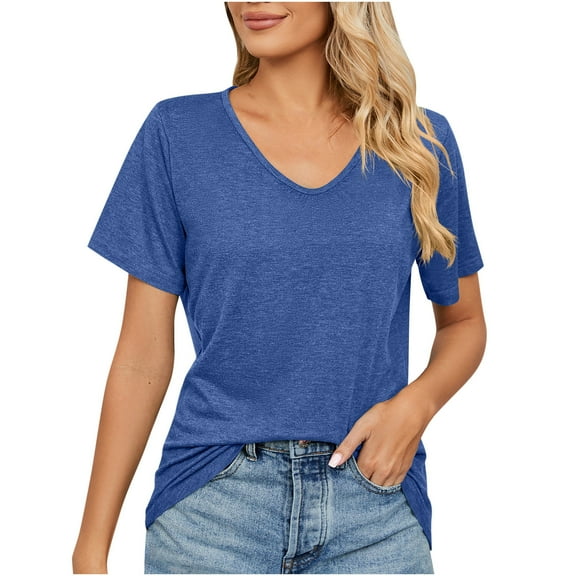 LOVZFMLL Women's T-Shirts Fashion V Neck Short Sleeve Tops Solid Casual Loose Fit Basic Tees Spring Summer Clothes Outfits Blue S