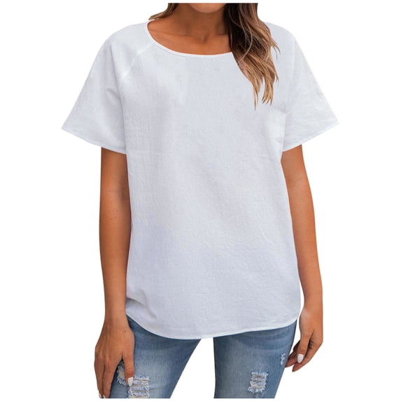 LOVZFMLL Women's T-Shirts Short Sleeve Crew Neck Blouses Casual Loose Fitted Solid Summer Basic Tees Spring Tops for Women White L