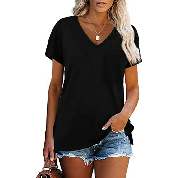 LOVZFMLL Women's T-Shirts Short Sleeve V Neck Shirts Summer Casual Basic Tees Solid Color Loose Fit Soft Tops with Pocket Black L