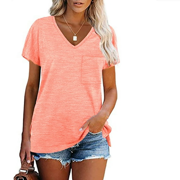 LOVZFMLL Women's T-Shirts Short Sleeve V Neck Shirts Summer Casual Basic Tees Solid Color Loose Fit Soft Tops with Pocket Pink XL