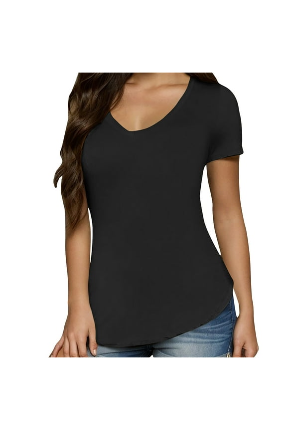 Women's T-Shirts Slim Fitted Short Sleeve V Neck Tops Curved Hem Shirts Summer Casual Basic Solid Color Tees Black S