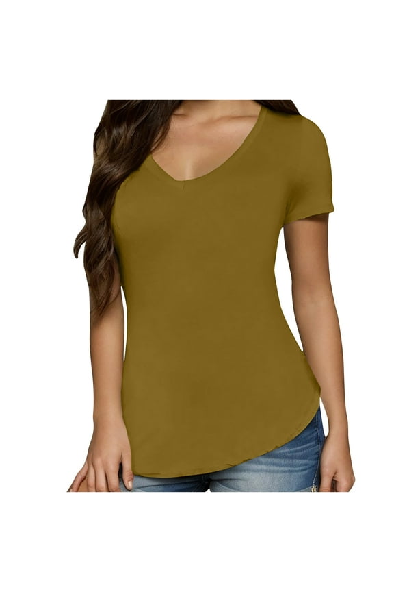 Women's T-Shirts Slim Fitted Short Sleeve V Neck Tops Curved Hem Shirts Summer Casual Basic Solid Color Tees Bronze M