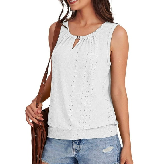LOVZFMLL Women's Tank Tops Loose Fit Casual Sleeveless Tops Keyhole Neck Trendy Summer Tops Eyelet Shirts Flowy Clothes Outfits White S