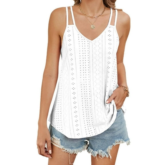 LOVZFMLL Women's Tank Tops Sleeveless Summer Tops Spaghetti Strap Loose Fit Beach Vacation Casual Eyelet Embroidery Blouses White XL