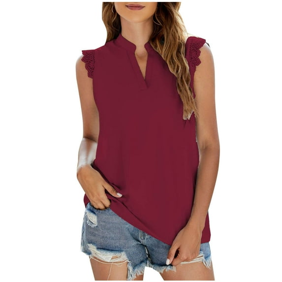 LOVZFMLL Women's Tank Tops Sleeveless V Neck Tunic Shirts Summer Casual Lace Loose Blouses Tees Vocation Going Out Tops Wine XL