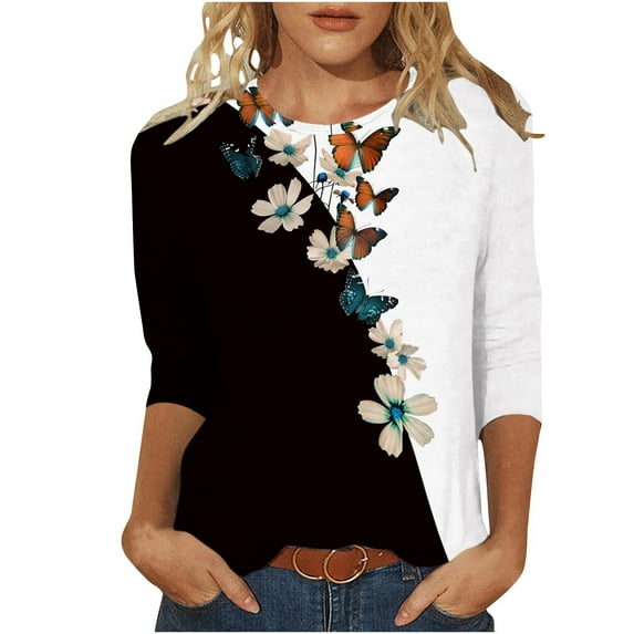 LOVZFMLL Women's Tops Floral Print Casual Fashion Essential Everyday Tee Shirt, Going Out Tops Crew Neck 3/4 Sleeve Relaxed Fit Blouse Fall Outfits for Women 2025