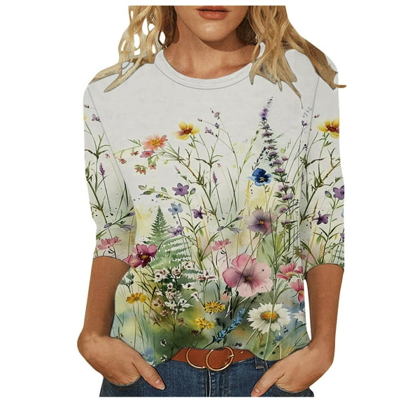 LOVZFMLL Women's Tops Floral Print Fashion Casual Everyday Versatile, Going Out Tops Crew Neck 3/4 Sleeure Relaxed Fit Blouse Fall Outfits for Women 2025