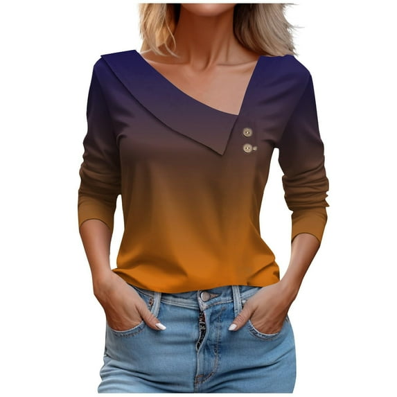 LOVZFMLL Women's Tops Ombre Fashion Casual Button Streetwear Dressy, Going Out Tops V-Neck 3/4 Sleeve Relaxed Fit Blouse Fall Outfits for Women 2025