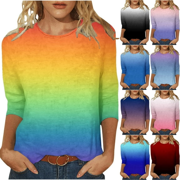 LOVZFMLL Women's Tops Ombre Fashion Casual Essential Versatile Everyday Tee Shirt, Going Out Tops Crew Neck 3/4 Sleeve Relaxed Fit Blouse Fall Outfits for Women 2025