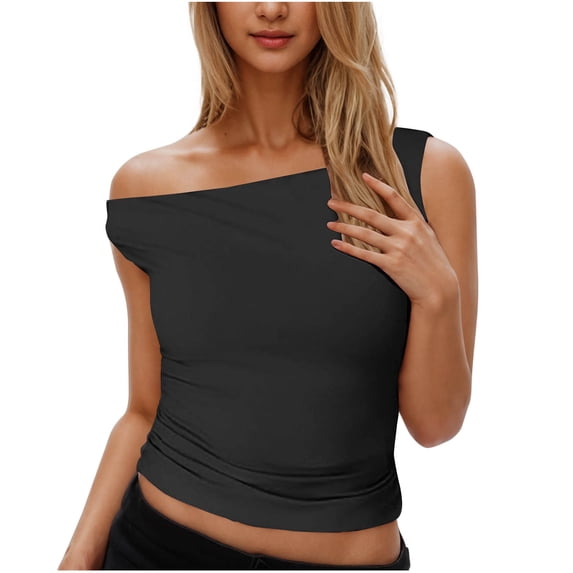 LOVZFMLL Women's Tops One Shoulder Sleeveless Basic Blouses Slim Fit T-Shirts Cropped Tees Casual Going Out Summer Clothing Black L