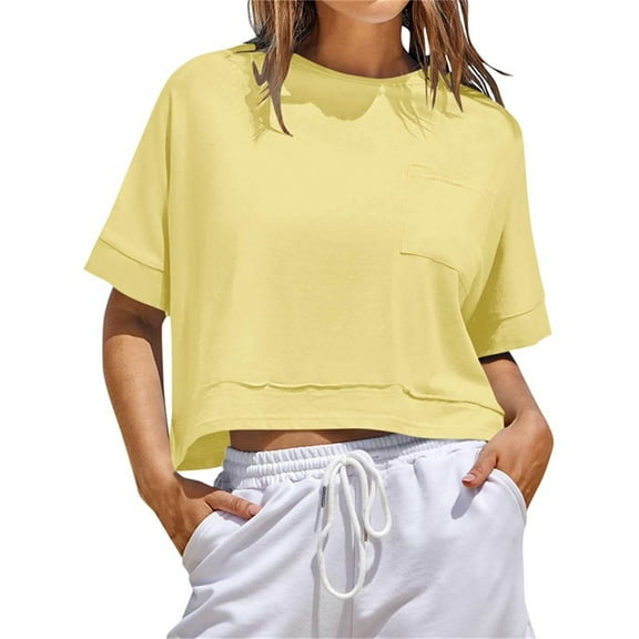LOVZFMLL Women's Tops Oversized Crop Short Sleeve Workout T-Shirts Summer Casual Loose Fit Basic Tee Shirts with Pockets Yellow L