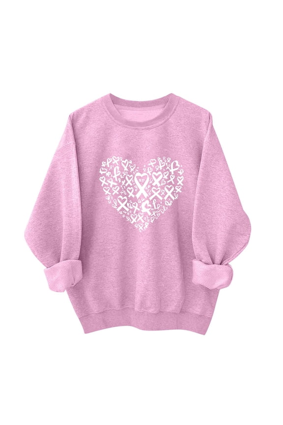 Women's Tops Pink Ribbon Awareness T-Shirt Breast Cancer Support Hope Strength Courage Tee, Going Out Tops Crew Neck Long Sleeve Loose Blouse Fall Outfits for Women 2025