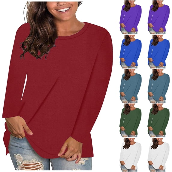 LOVZFMLL Women's Tops Plus Size Solid Color Casual Everyday Essential Versatile Tee Shirt Tops, Crew Neck Long Sleeve Relaxed Fit Pullover Fall Outfits for Women 2025