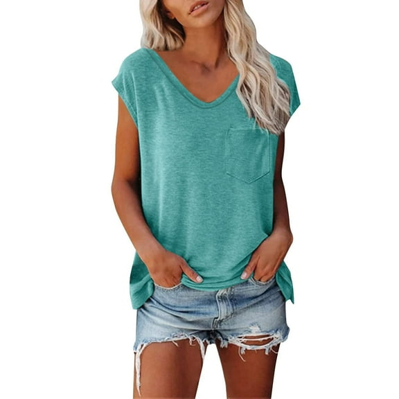 LOVZFMLL Women's Tops Short Cap Sleeve Shirts Solid Basic Loose Fit T-Shirts with Front Pocket V Neck Casual Spring Summer Clothes Sky Blue A S