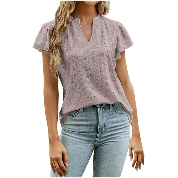LOVZFMLL Women's Tops Short Sleeve Summer Fashion Eyelet Blouses V Neck Puff Sleeve Pleated T-Shirts Dressy Work Clothes Pink M
