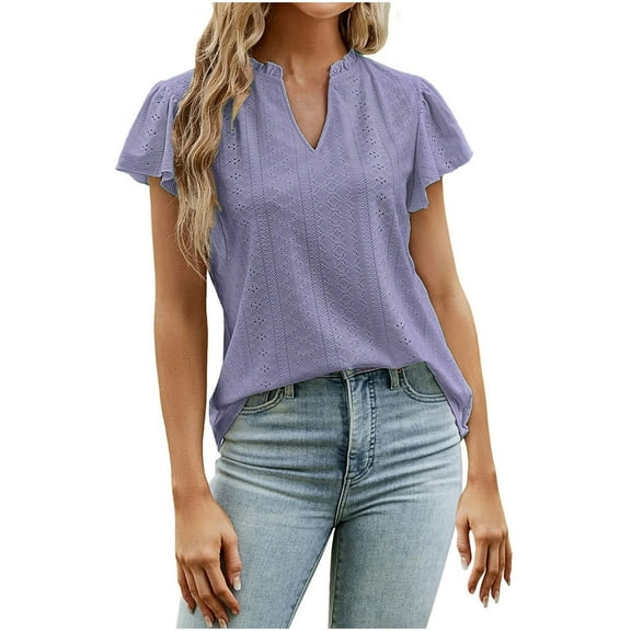 LOVZFMLL Women's Tops Short Sleeve Summer Fashion Eyelet Blouses V Neck Puff Sleeve Pleated T-Shirts Dressy Work Clothes Purple M