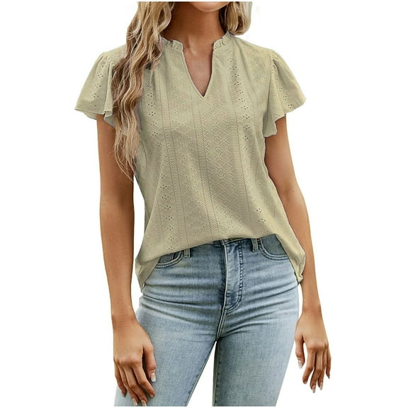 LOVZFMLL Women's Tops Short Sleeve Summer Fashion Eyelet Blouses V Neck Puff Sleeve Pleated T-Shirts Dressy Work Clothes Yellow S
