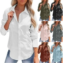 LOVZFMLL Women's Tops Solid Color Casual Essential Everyday Versatile Work Button Down Shirt, Going Out Tops V-Neck Long Sleeve Relaxed Fit Blouse Fall Outfits for Women 2025
