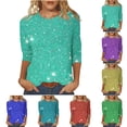 thumbnail image 1 of LOVZFMLL Women's Tops Solid Color Fashion Casual Sparkly Streetwear Dressy Club Party Tee Shirt, Going Out Tops Crew Neck 3/4 Sleeve Relaxed Fit Blouse Fall Outfits for Women 2025, 1 of 5
