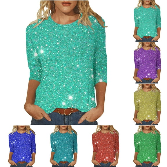 LOVZFMLL Women's Tops Solid Color Fashion Casual Sparkly Streetwear Dressy Club Party Tee Shirt, Going Out Tops Crew Neck 3/4 Sleeve Relaxed Fit Blouse Fall Outfits for Women 2025