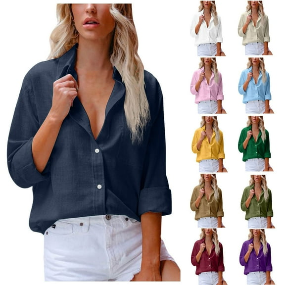 LOVZFMLL Women's Tops Solid Color Fashion Elegant Casual Work Business Button Down Shirt, Going Out Tops V-Neck 3/4 Sleeure Relaxed Fit Blouse Fall Outfits for Women 2025