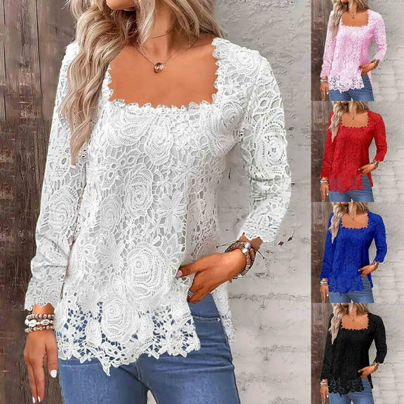 LOVZFMLL Women's Tops Solid Color Fashion Lace Floral Casual Streetwear Dressy, Going Out Tops Square Neckline Long Sleeve Relaxed Fit Blouse Fall Outfits for Women 2025
