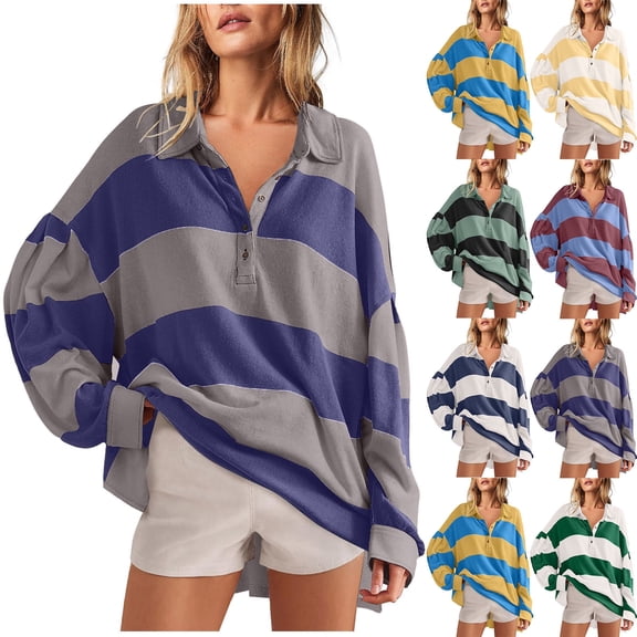 LOVZFMLL Women's Tops Striped Fashion Classic Casual Colorblock Polo Shirt, Going Out Tops V-Neck Long Sleeve Loose Blouse Fall Outfits for Women 2025