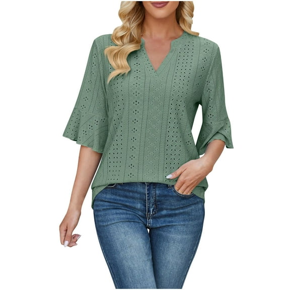 LOVZFMLL Women's Tops Summer Business Casual Blouses V Neck Short Sleeve Shirts Hollow Out Eyelet Tops Trendy Clothes Outfits Green M