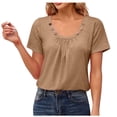 thumbnail image 1 of LOVZFMLL Women's Tops Summer Short Sleeve Crew Neck T-Shirts with Buttons Casual Pleated Blouses Spring Trendy Clothes Khaki M, 1 of 7