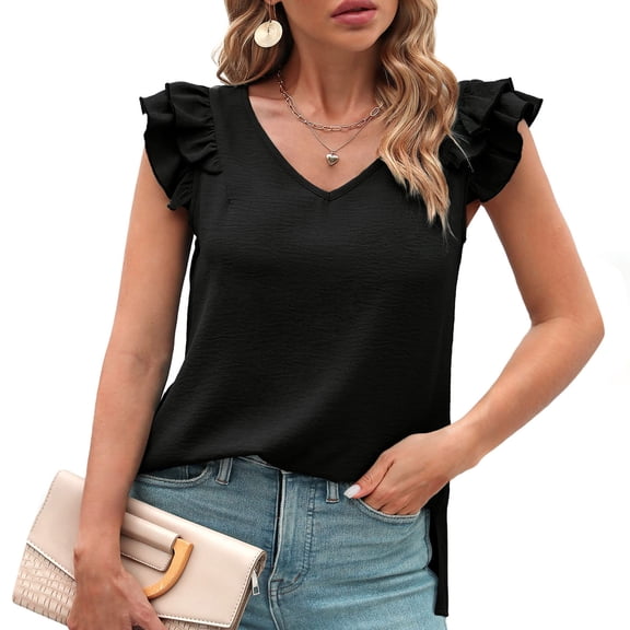 LOVZFMLL Women's Tops V Neck Ruffle Sleeve Shirts Elegant Business Casual Solid Blouses Side Split Spring Summer Clothes Black S