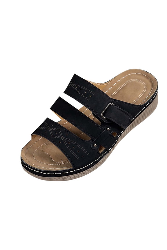 Women's Wedge Sandals 2025 Summer Casual Clogs Sandals Open Toe Slip On Beach Vacation Outdoor Walking Shoes Black 9