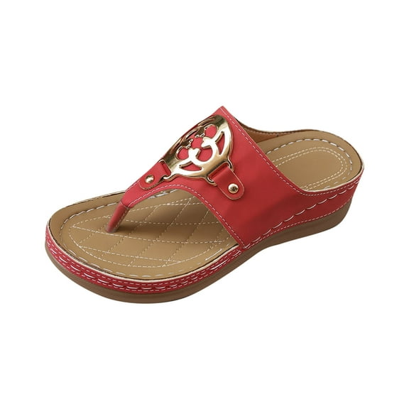 LOVZFMLL Women's Wedge Sandals 2025 Summer Fashion Metal Beach Vacation Slippers Comfort Casual Outdoor Walking Slides Sandals Red 9