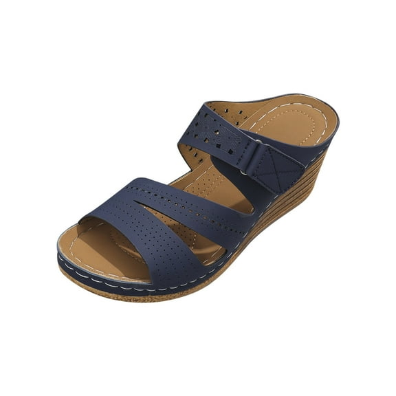 LOVZFMLL Women's Wedge Sandals Dressy Comfortable Walking Casual Slip On Summer Sandals Strappy Open Toe Slides for Outdoor Blue 8