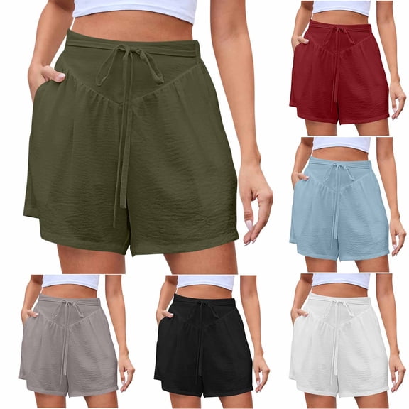 LOVZFMLL Womens Shorts 2025 Summer Drawstring Pleated Elastic High Waist Solid Color Casual Beach Vacation Shorts with Pockets Army Green S