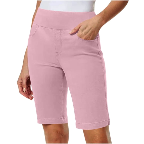 LOVZFMLL Womens Shorts Bermuda Knee Length Shorts with Pockets Elastic High Waisted Stretch Shorts for Women Summer Walking Travel Pink M