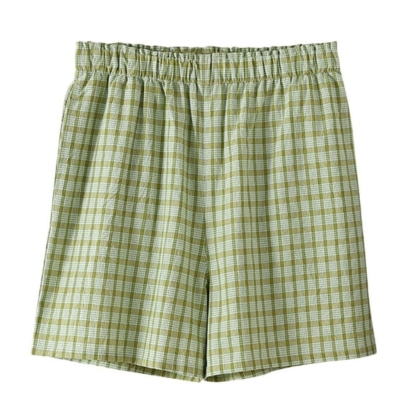 LOVZFMLL Womens Shorts Cotton Lounge Sleep Shorts Elastic Waist Solid Color Gingham Plaid Shorts Bottoms Summer Casual Green L