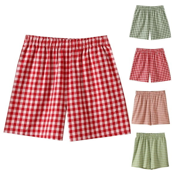 LOVZFMLL Womens Shorts Cotton Lounge Sleep Shorts Elastic Waist Solid Color Gingham Plaid Shorts Bottoms Summer Casual Red M