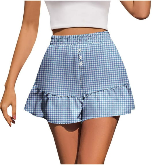 LOVZFMLL Womens Shorts Summer Casual Loose Ruffle Trendy Button High Waisted Skorts Cute Comfy Gingham Plaid Shorts Blue XXL