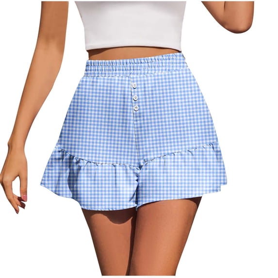 LOVZFMLL Womens Shorts Summer Casual Loose Ruffle Trendy Button High Waisted Skorts Cute Comfy Gingham Plaid Shorts Sky Blue XL